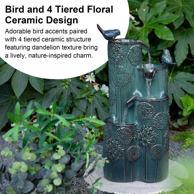 Glitzhome 27" H 4-Tier LED Ceramic Outdoor Floor Fountain with Birds, Cobalt Blue Turquoise Dandelion Texture Vase-Shaped
