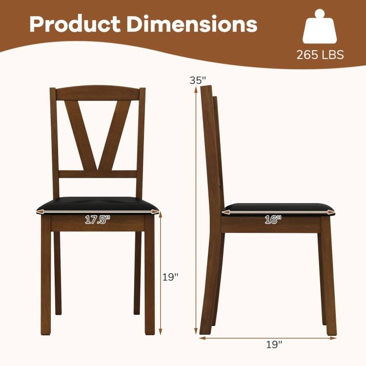 Rubber Wood Dining Chairs Set of 2 with PU Leather Upholstery V-Shaped Backrest - 17.5" x 19" x 35"