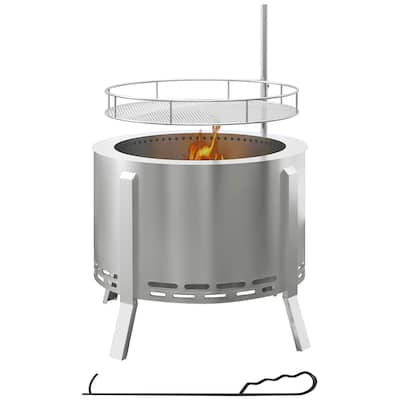 Smokeless Fire Pit BBQ Grill, Portable Wood Burning Firepit with Cooking Grate and Poker, for Backyard Patio Picnic, Silver