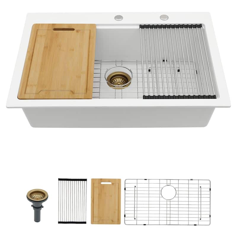 25"/33" Topmount/Drop-in Granite Composite Kitchen Sink Top Counter Single Bowl Sink - 33"x22"x10"-workstation - White