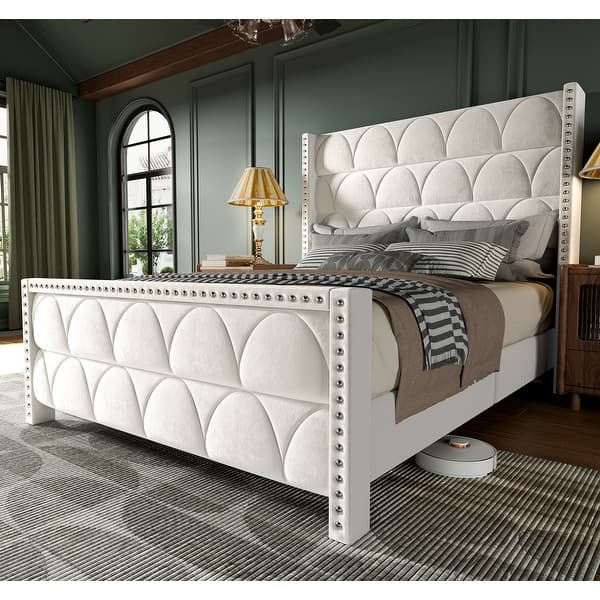 slide 2 of 18, Hansabenne Solid Wood Bed Frame Queen and King Platform Bed Frame with Headboard White and Gray White - Queen