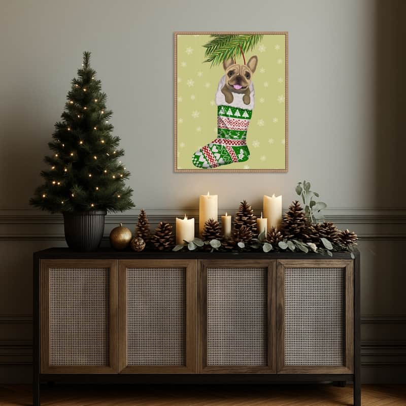 French Bulldog in Christmas Stocking by Fab Funky (23 x 28 in.), Framed Canvas Wall Art Print - Sylvie Beaded Rustic Natural