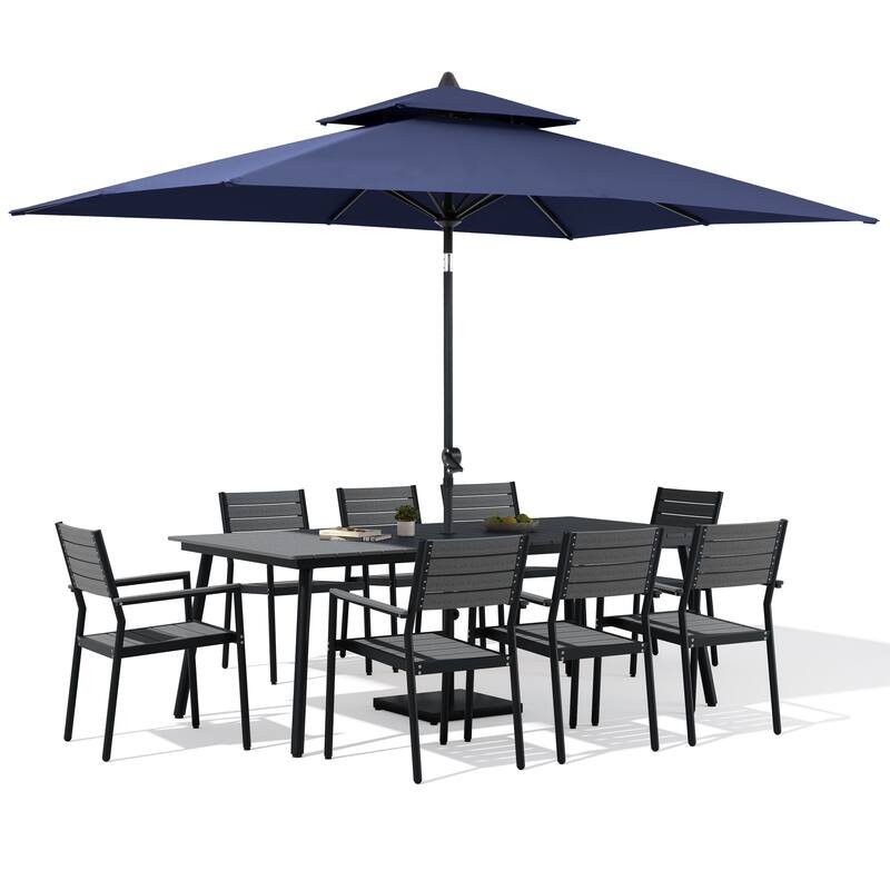 11-Piece Patio Dining Set w/10 ft Umbrella and Base, Rectangle Aluminum Table and 8 Stackable Chairs