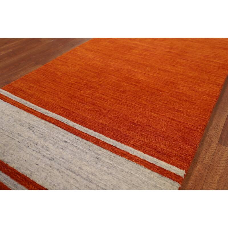 Hand Knotted Oriental 100% Wool Carpet Tribal Stripe Oranges & Rust Gabbeh Runner Rug - 10' 9'' X 2' 6''
