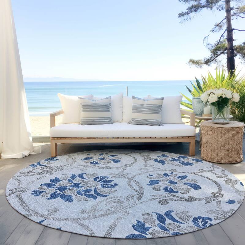 Machine Washable Indoor/ Outdoor Chantille Scroll Floral Rug - Sky - 8' x 8'