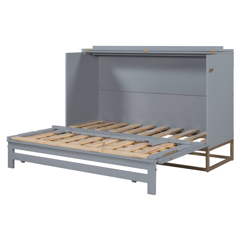 Queen Wood Murphy Bed, Modern Murphy Bed Chest with Metal Leg, Home Folded Bed Frame with Wood Slat Support for Small Room