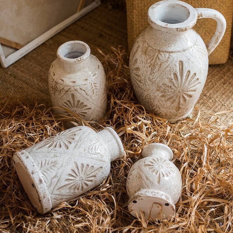 RusticReach Carved Floral Vase in White