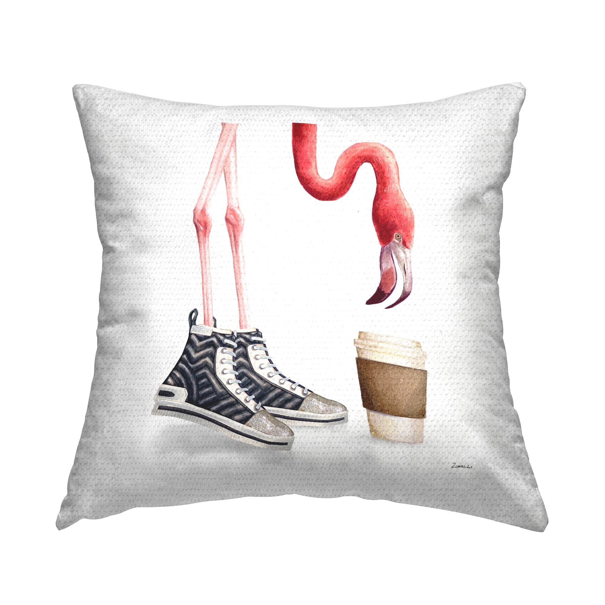 Stupell Fun Flamingo Coffee Cup Sneakers Printed Outdoor Throw Pillow Design by Ziwei Li
