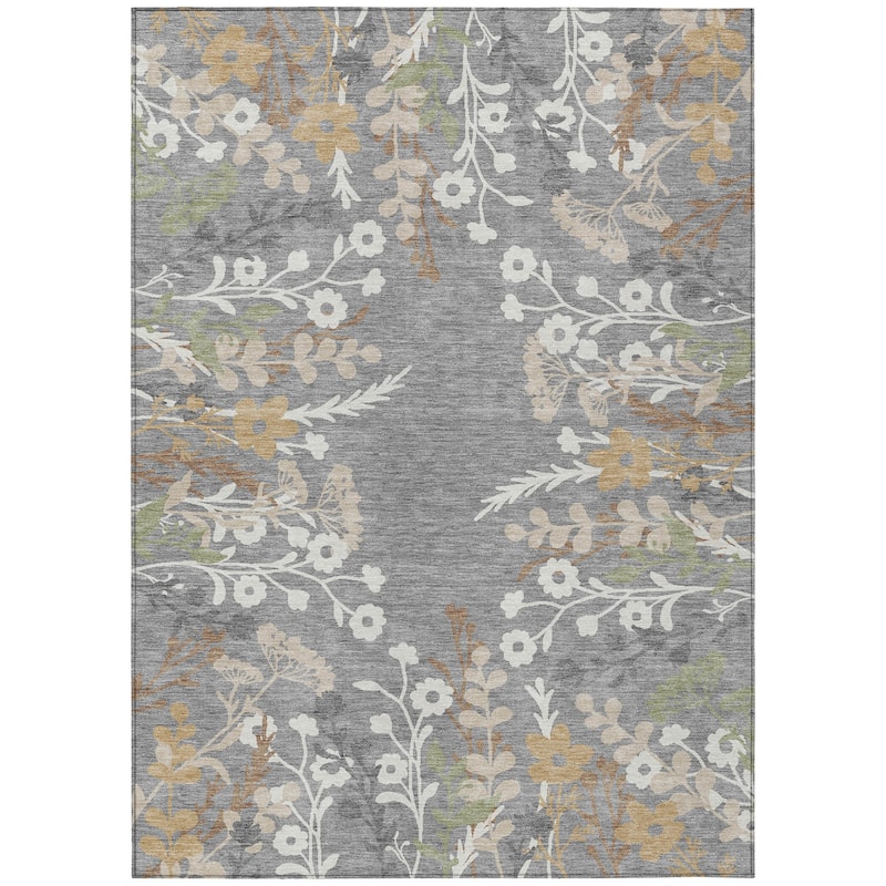 Machine Washable Indoor/ Outdoor Floral Border Chantille Rug