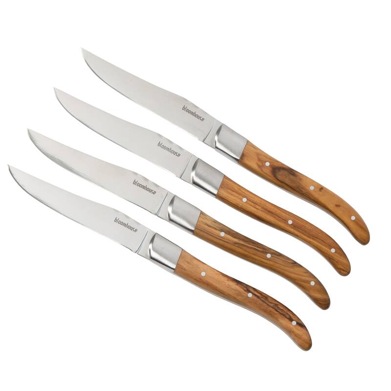 Bloomhouse 4-Piece German Stainless Steel Steak Knife Set - Premium Olive Wood Handle Steak Knives, Full-Tang Blades - Natural