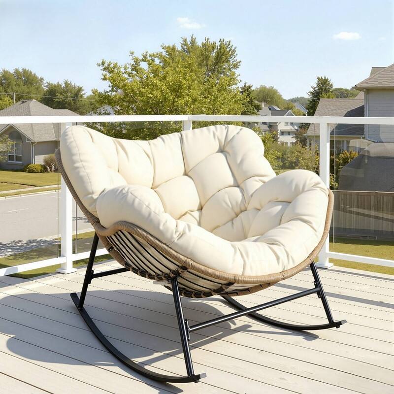 FINCATI Indoor Outdoor Royal Papasan Rocking Chair, 450 lbs Capacity Outdoor Papasan Rocking Chair with Padded Cushion - 1 PC-Beige