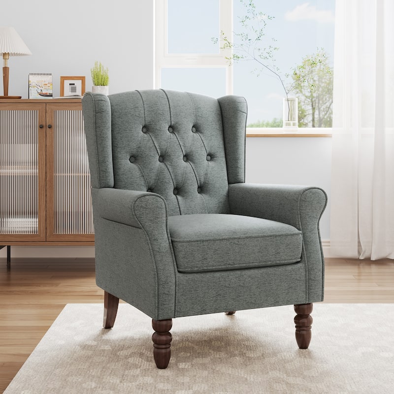 Button Tufted Wingback Accent Chair Upholstered Armchair - Grey-Linen