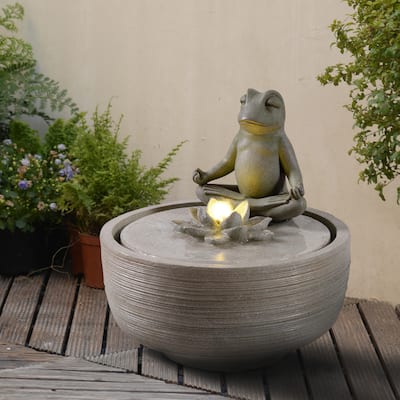 LED Lighted Frog Meditating Outdoor Garden Water Fountain - 15.5"