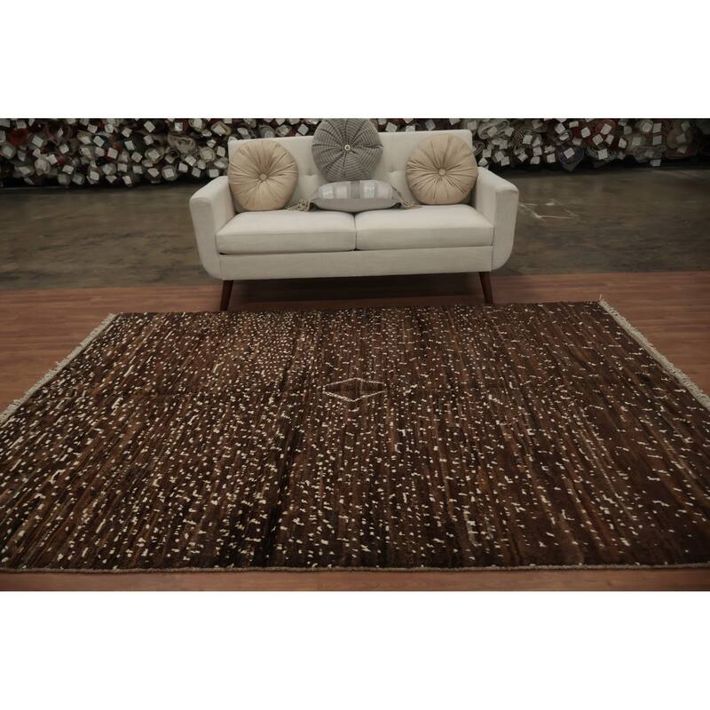 Hand Knotted Oriental 100% Wool Carpet Modern Geometric Brown Moroccan Area Rug - 8' 7'' X 6' 1''