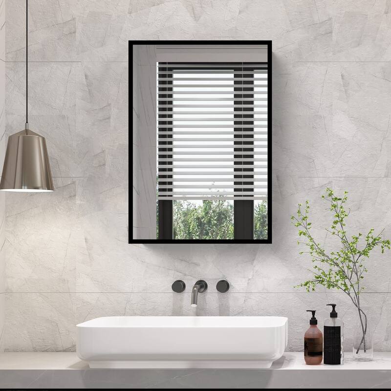 Medicine Cabinet Mirror, Wall-Mounted or Recessed Installation, Black Iron Powder Material, Removable Shelf for Bathroom