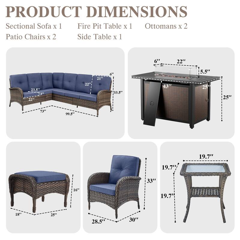 Outdoor Sectional Sofa Chairs Ottomans with Fire Pit Table