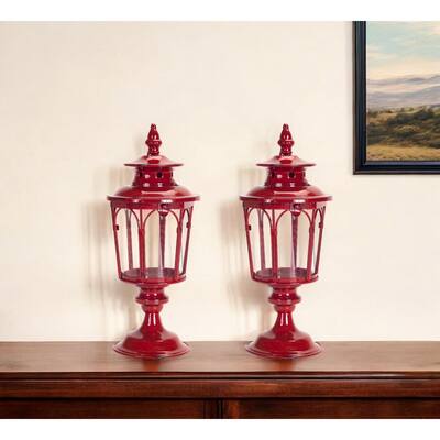 Set of Two Red Glass and Metal Distressed Tabletop Lantern Candle Holders - One Size