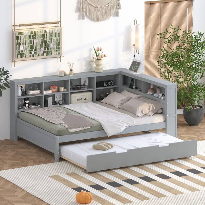 Wooden Full Size Daybed with Twin Size Trundle, Daybed with Storage Shelf and USB Charging Ports