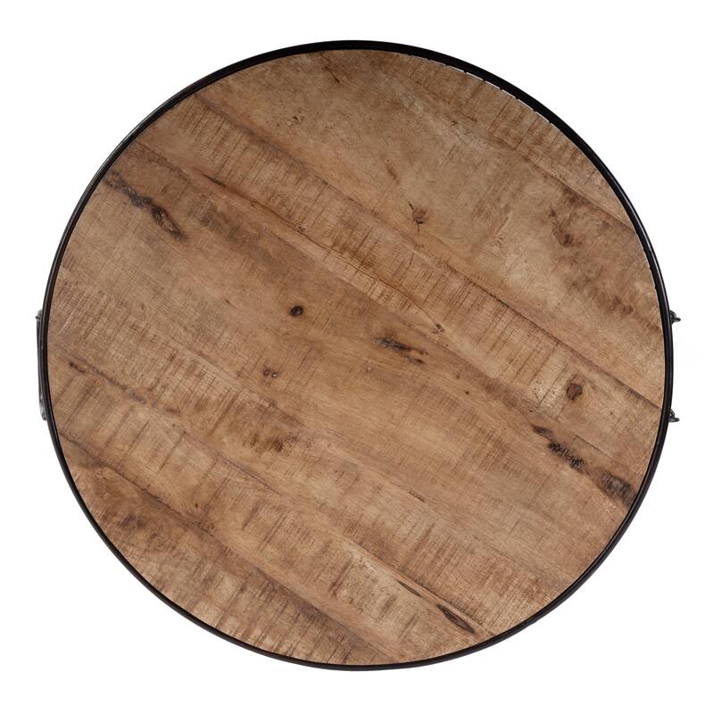 Fulton 28 in. W Round Iron and Wood Coffee Table with Decorative Handles