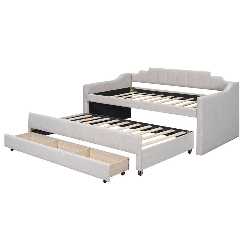 Twin Size Upholstered Daybed with Trundle and Three Drawers in Beige