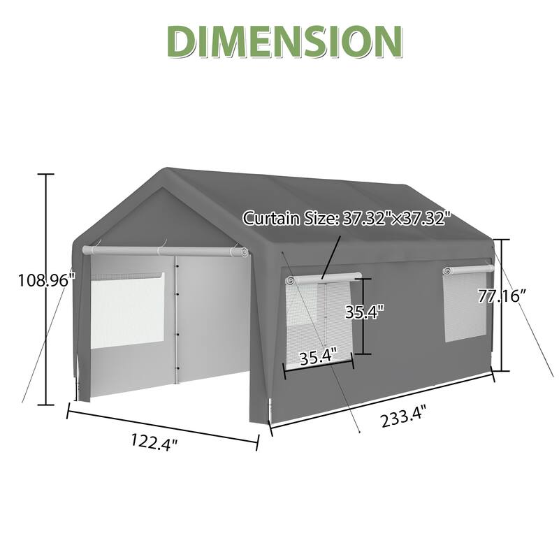 Grey Galvanized Steel 180g PE Waterproof Carport Garage with Windows