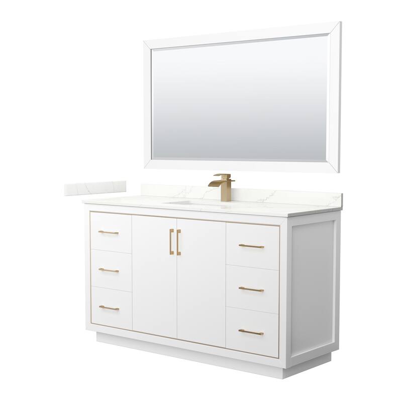 Wyndham Collection WCF111160S-QTZ-UNSM58 Icon 60" Free Standing Single - White / Giotto Quartz Top / Satin Bronze Hardware