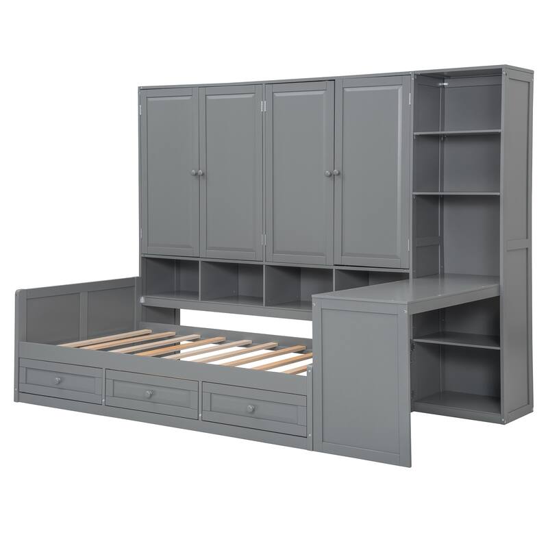 Versatile Twin Size Daybed with Desk & All-in-One Cabinet, Space-Saving Wooden Storage Platform Frame with 3 Drawers and Shelves