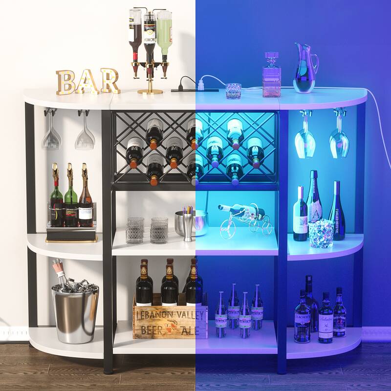 Modern Bar Shelf with Wine Holder and Glass Rack, Sideboard with Charge Station and LED Light