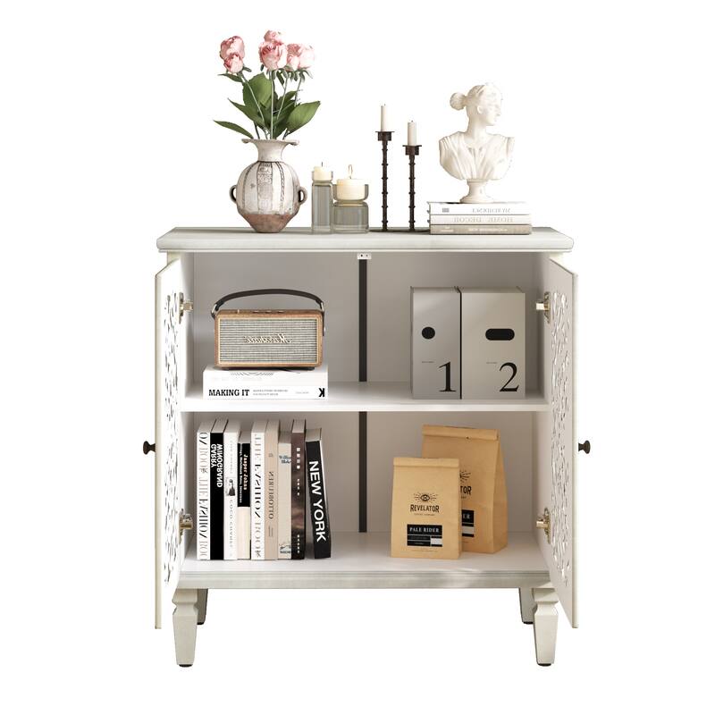 GDF Studio - Vintage Hollow-Carved Accent Cabinet, 2-Door Display Sideboard with Adjustable Shelf