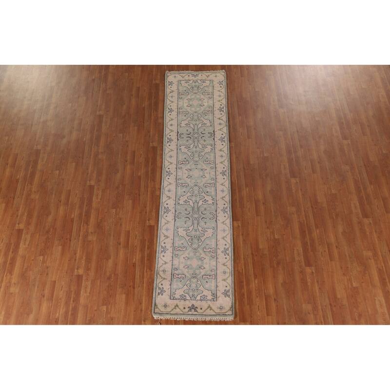 Green Oushak Oriental Runner Rug Handmade Wool Carpet - 2'6"x 10'2"