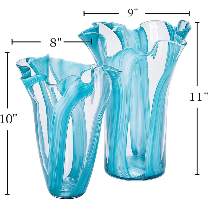 Green Set of 2 Striped Handblown Glass Vases with Broad Rim and Ruffle