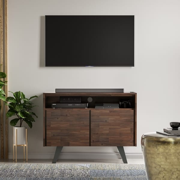 slide 2 of 12, WYNDENHALL Mitchell SOLID ACACIA WOOD 42" Wide Modern TV Media Stand in Distressed Charcoal Brown For TVs up to 43 inches Distressed Charcoal Brown