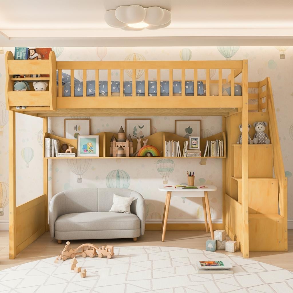 Queen Wooden Loft Bed with Storage Staircase, Wardrobe & Shelving by Harper&Bright Designs