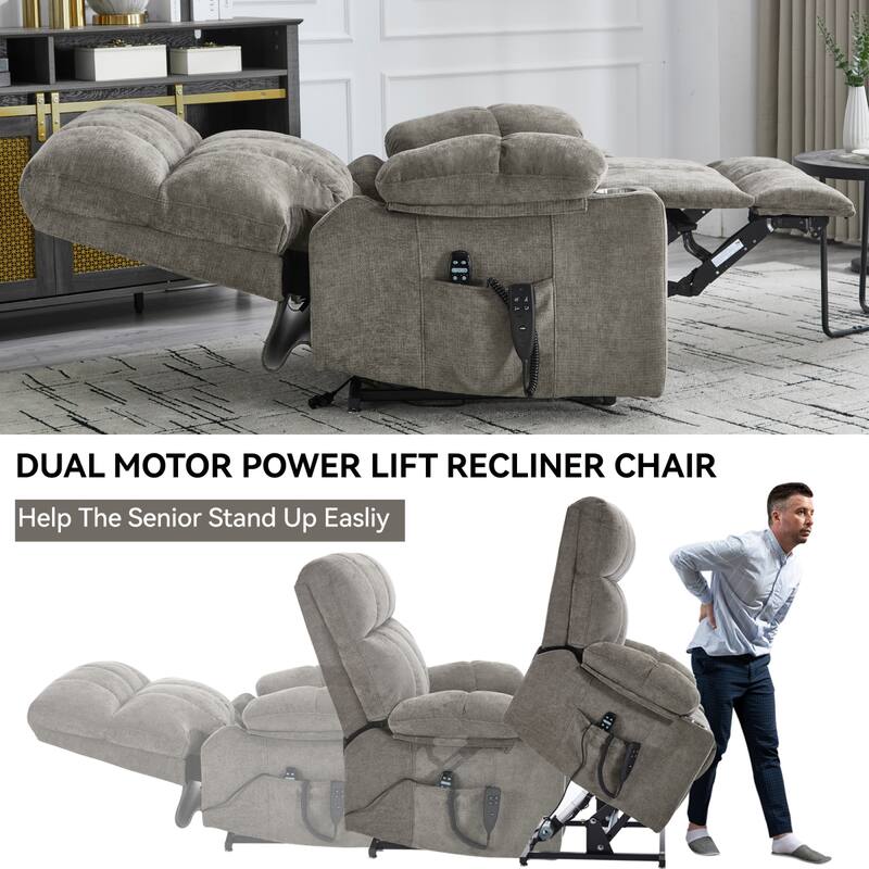 Roomfitters Dual Motor Power Lift Recliner Chair with Heat Massage Oversized Infinite Position Sofa with Cup Holders