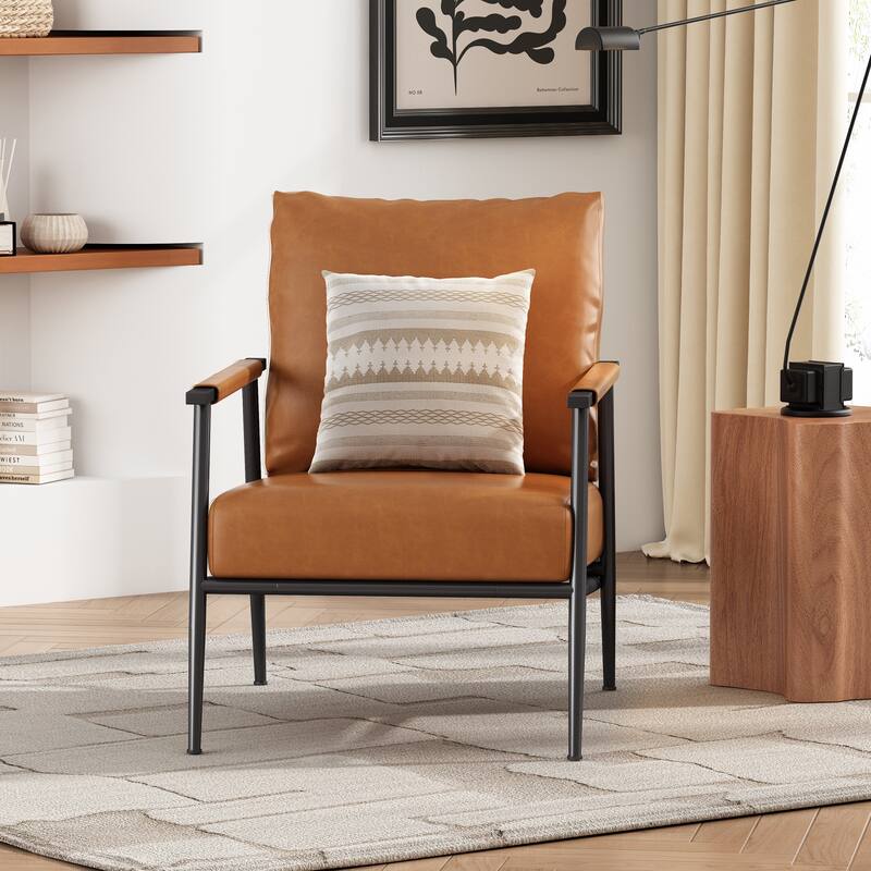 Mid-Century Modern Accent Chair with Padded Backrest and Metal Frame,Faux Leather Upholstered Armchair for Living Room,Bedroom
