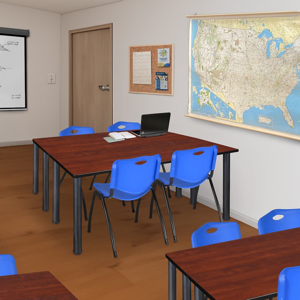 66" x 24" Kee Training Table- Cherry/ Black & 2 'M' Stack Chairs- Blue