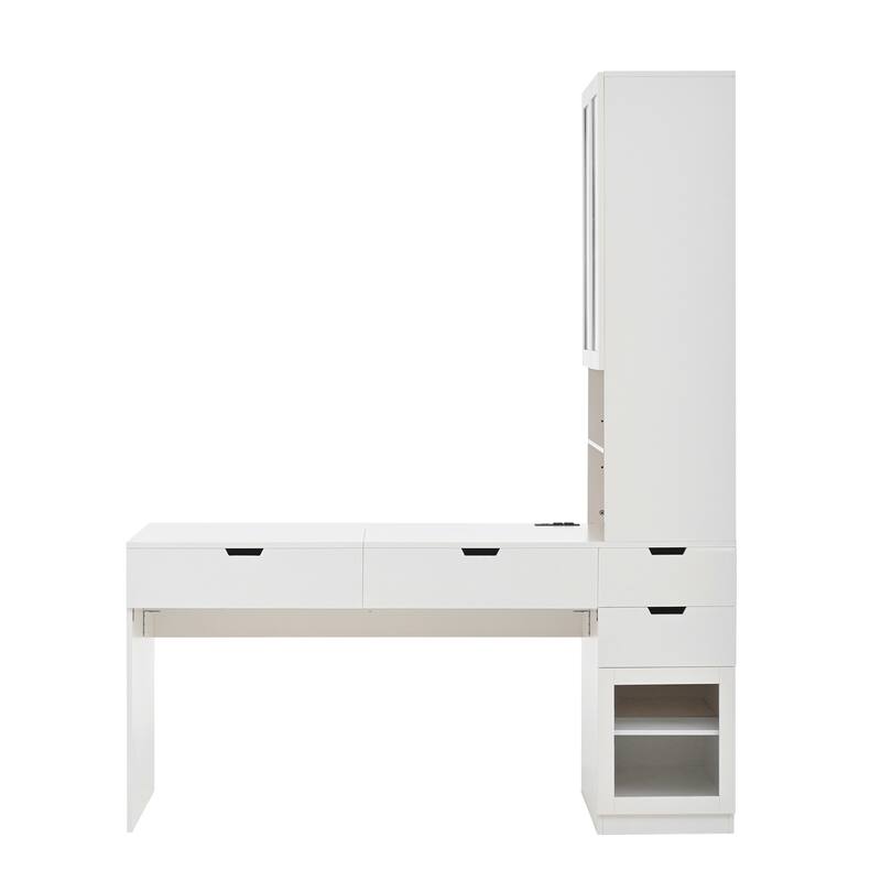 Versatile Makeup Vanity Desk with Mirror Charging Station 3 Drawers 2 Cabinets White Home Office