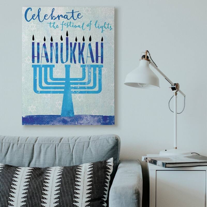 Stupell Festival Of Lights Hanukkah Holiday Menorah Blue Word Design Canvas Wall Art, Proudly Made in USA - 36 x 48