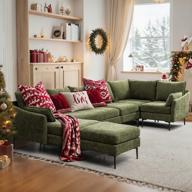 Modern Chenille Sectional Sofa with Reversible Chaise and Ottoman, Perfect for Living Rooms with Sleeper Function