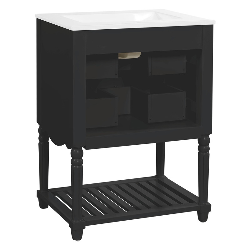 24'' Vintage Bathroom Vanity with Ceramic Sink, Freestanding Cabinet with 2 Drawers, Open Shelf