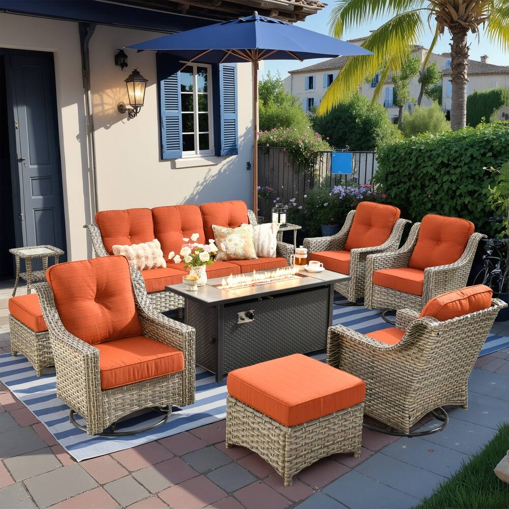 HOOOWOOO 10-piece Wicker Outdoor Patio High Back Swivel Chair Set with Fire Pit