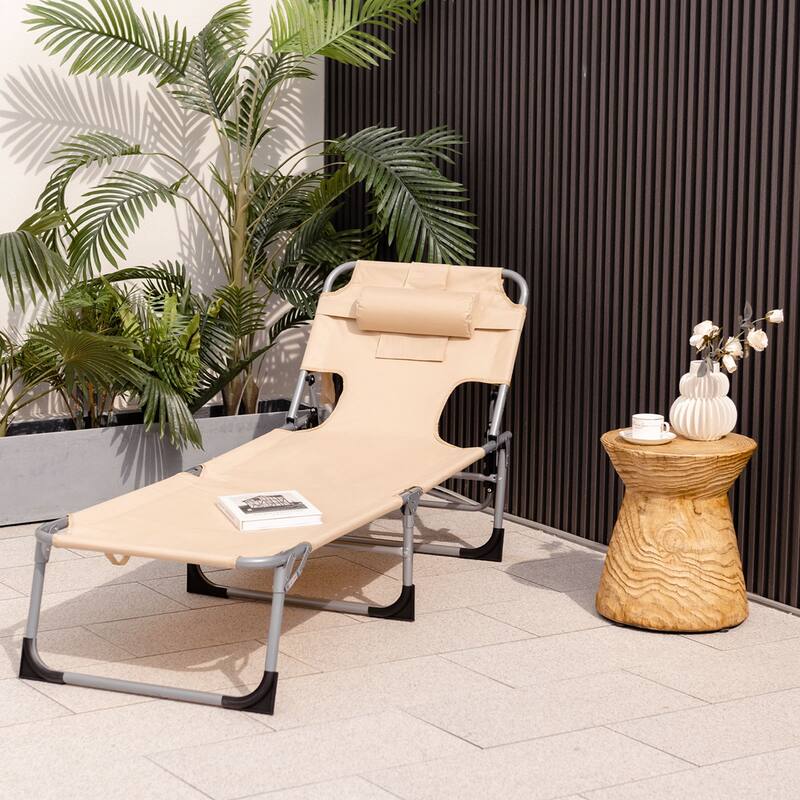 1/2PCS Outdoor Beach Chaise Lounge Folding Chair with Pillow Beige