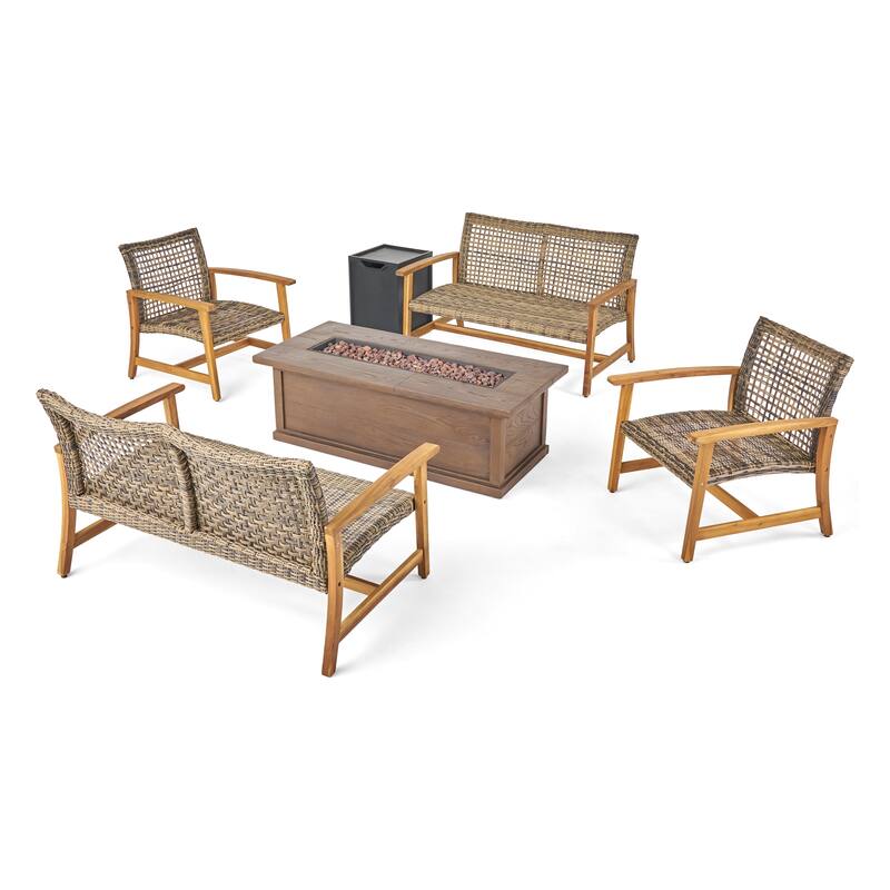 Breakwater Outdoor 6 Piece Wood and Wicker Chat Set with Fire Pit by Christopher Knight Home