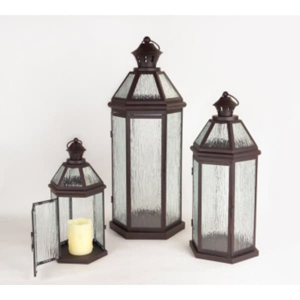 Set of 3 Brown and Clear Pillar Candle Lanterns 27.5" - N/A
