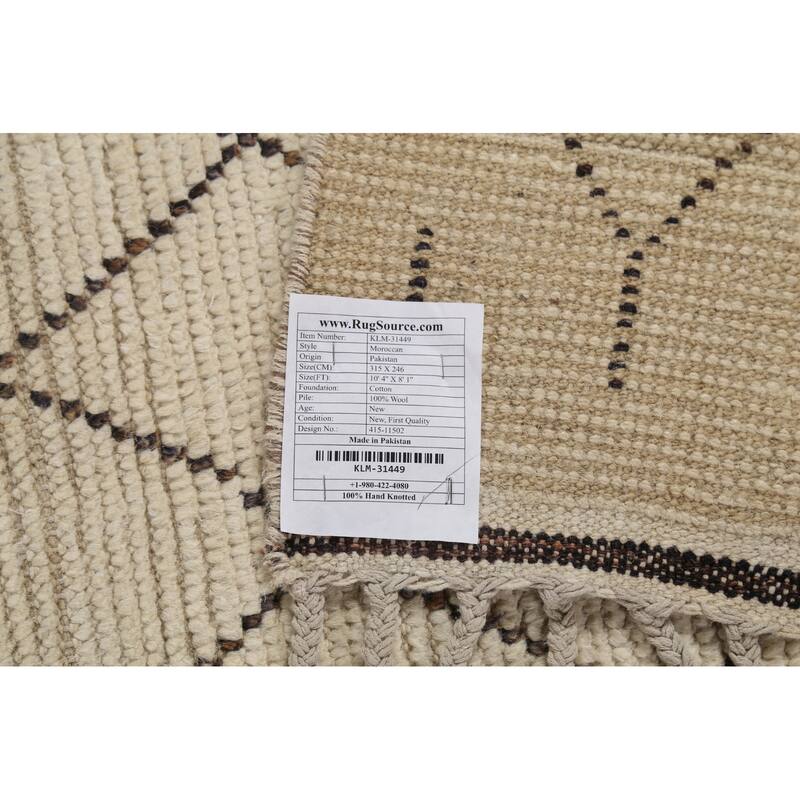 Ivory Trellis Moroccan Rug Hand-Knotted Striped Wool Carpet - 8'1"x 10'4"