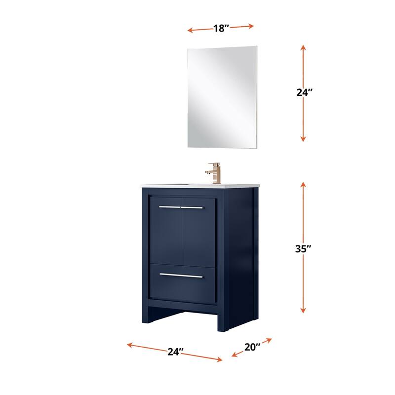 24 in. Navy Blue Vanity with Cultured Marble Top, Rose Gold Faucet, and 18 in. Mirror - Bathroom Cabinet with Soft-Close Doors