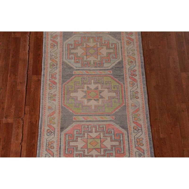 Hand Knotted Oriental 100% Wool Carpet Transitional Geometric Greys & Charcoal Oushak Runner Rug - 13' 0'' X 3' 1''