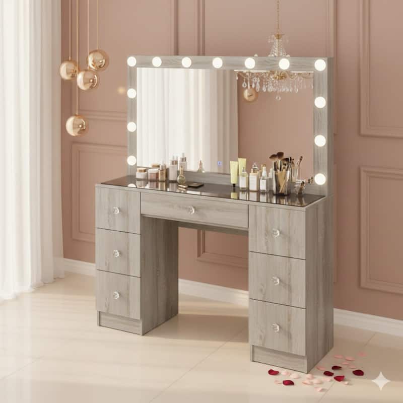 Modern White Makeup Vanity Desk with 13 Dimmable Lights, Glass Top, USB-A & USB-C, 7 Drawers, Hair Dryer Holder, and Stool