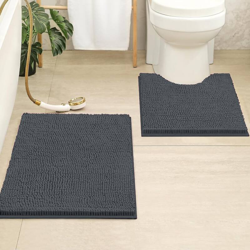 2 Piece Set Charcoal Soft Cozy Plush Chenille Bath Mat Bathroom Rug - Charcoal - 30"x20"R+20"x20"U