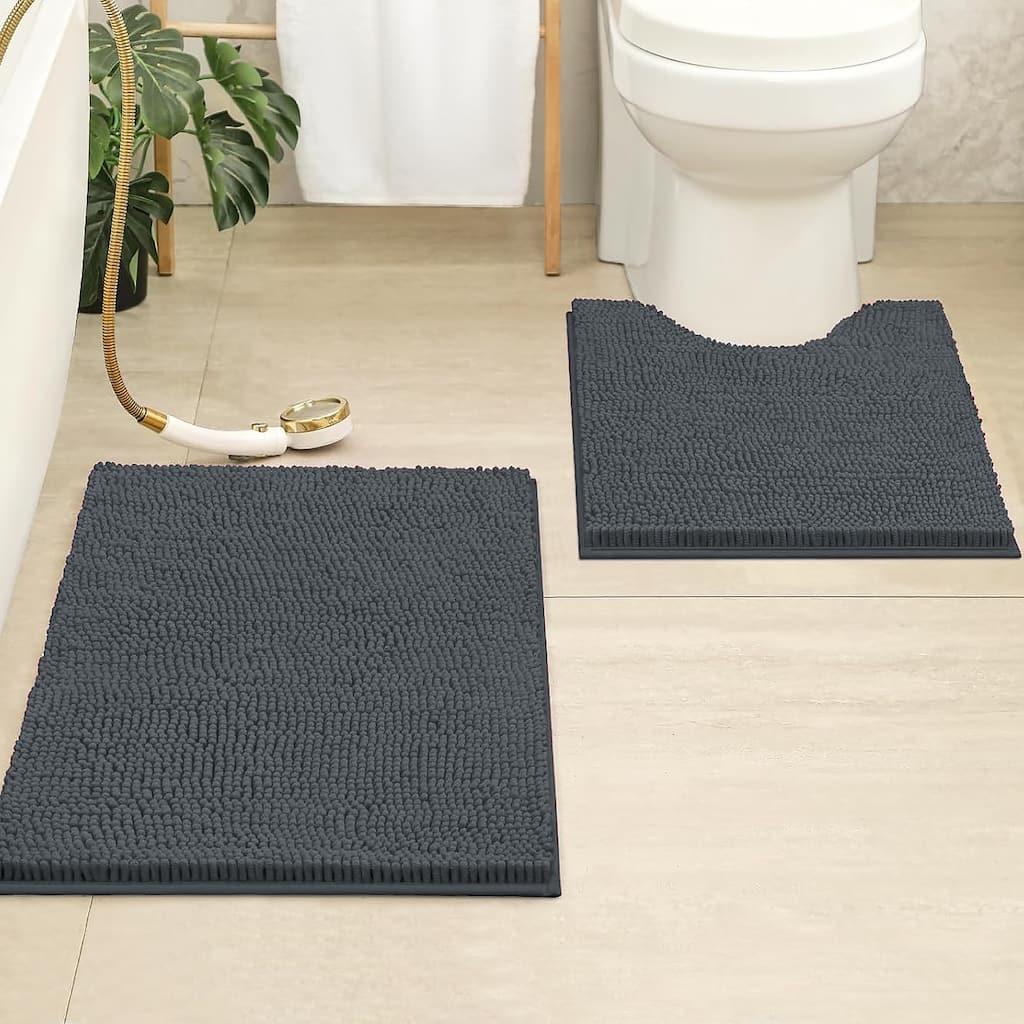 2 Piece Set Charcoal Soft Cozy Plush Chenille Bath Mat Bathroom Rug